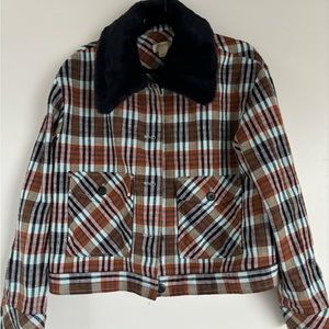Maeve Plaid Light Jacket with Faux Fur Collar